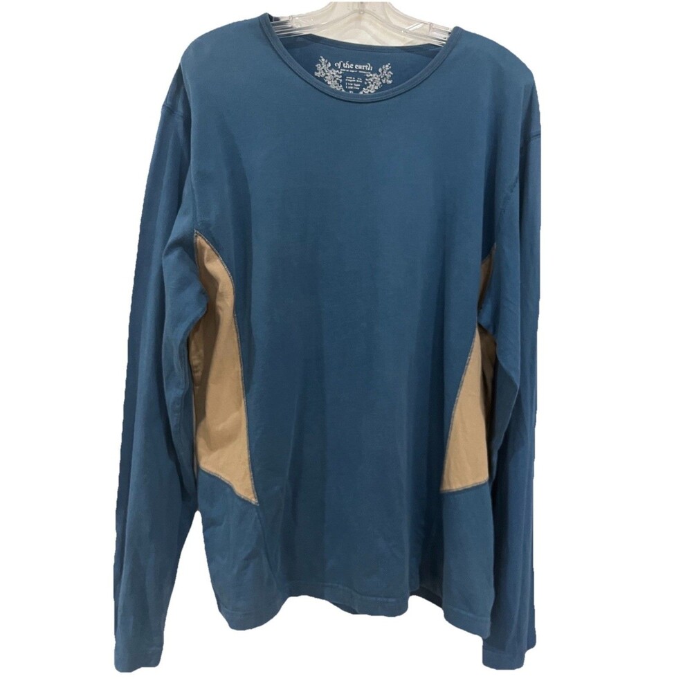 Of The Earth Men’s 100% Organic Cotton Long Sleeve Colorblock Shirt XL Blue Tan